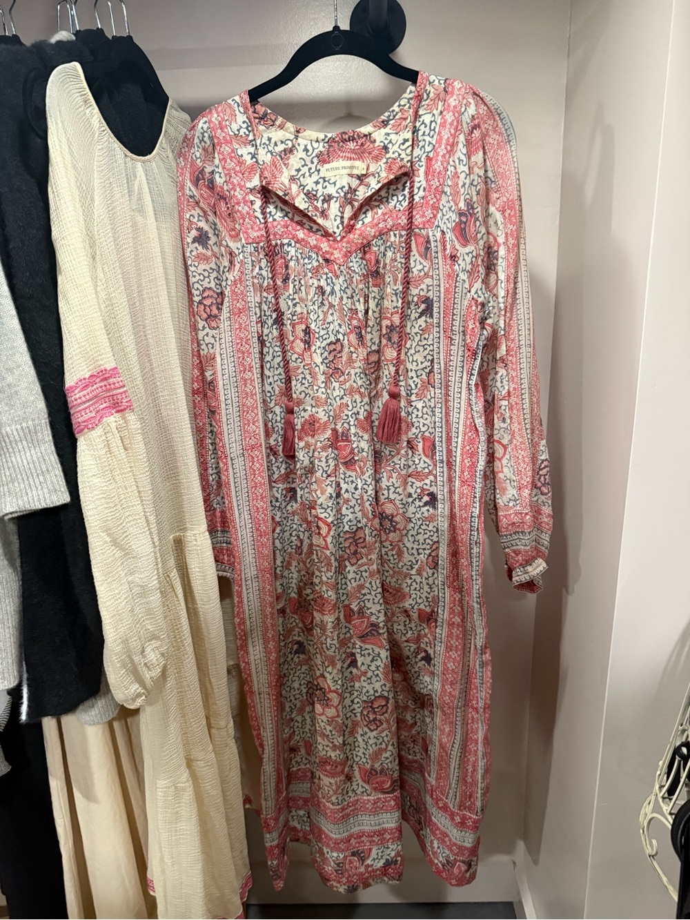 Primitive Coral and Cream Boho Maxi Dress with Tassel Detail